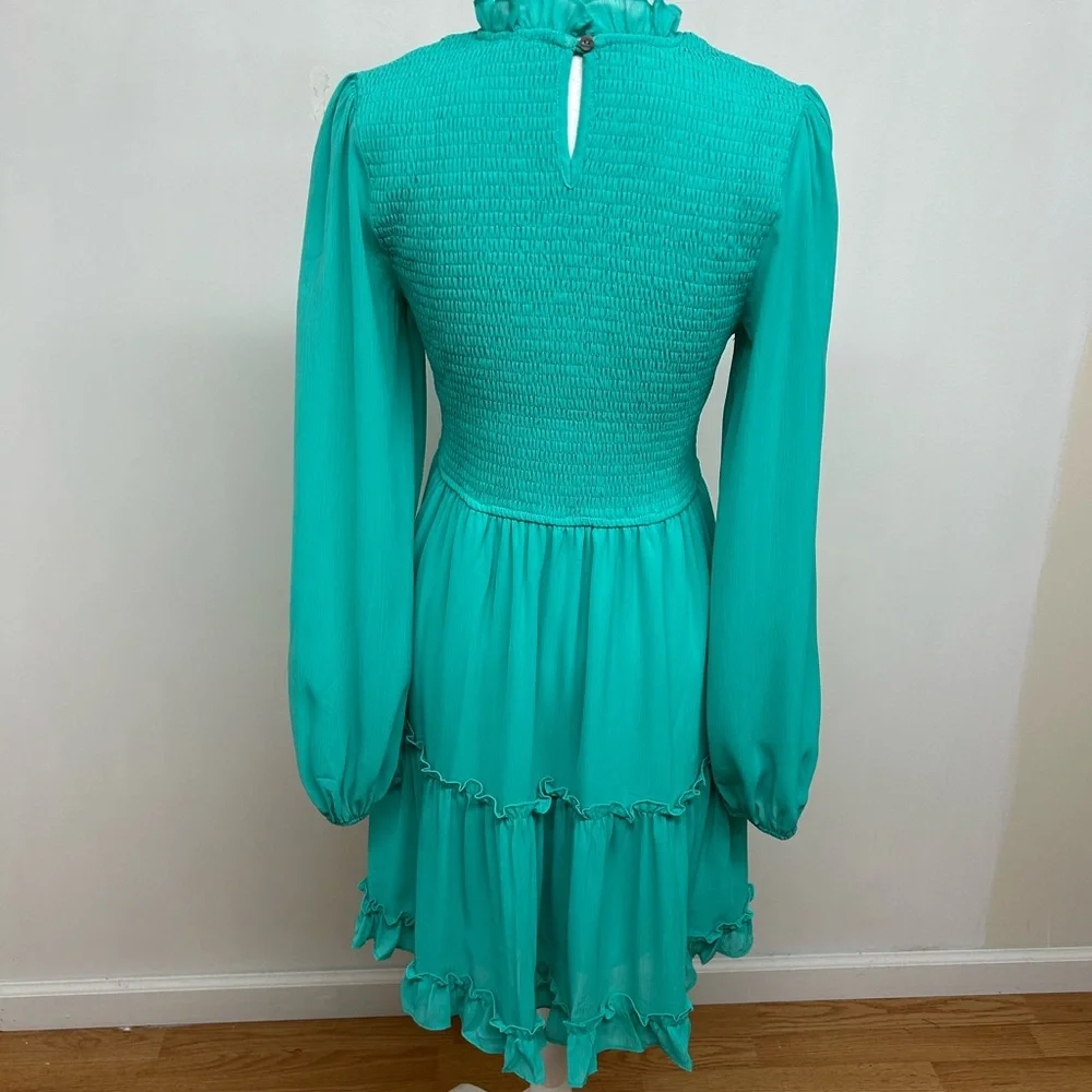 SHE&SKY Smocked Long-Sleeve Tiered Dress in turquoise Size M